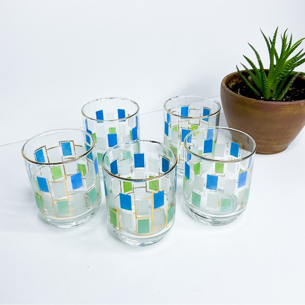 MCM Blue & Green Geometric Highball Glasses – Vintage Barware Set of 5